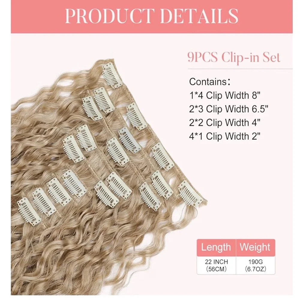 HAIR, 22”, 9PCS Clip in Hair Extensions Curly Long Soft Blonde to Light Blonde - Picture 5 of 11